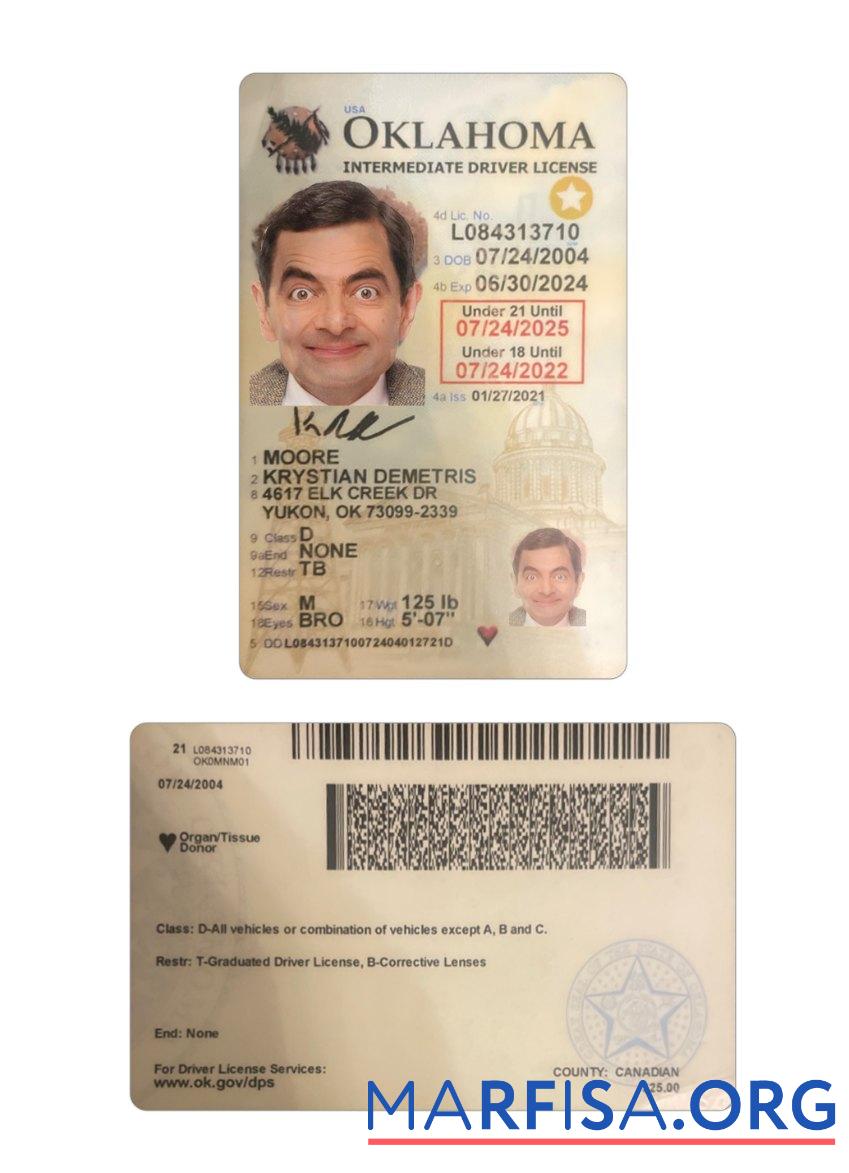 Blank USA Oklahoma under 21 driving license download for verification